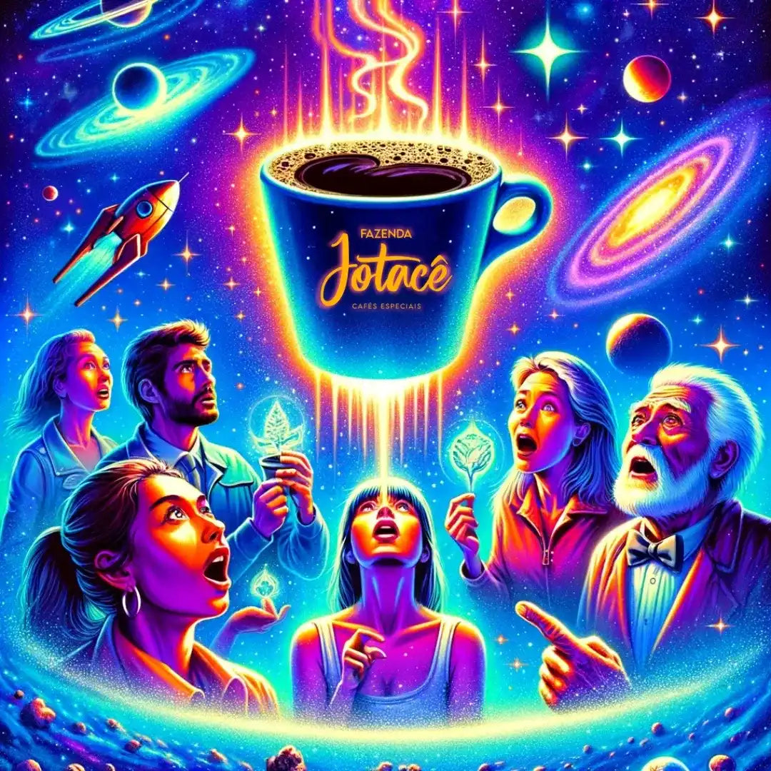 Pessoas admirando uma xícara de café gigante entre planetas e espaçonaves em um cenário cósmico colorido.