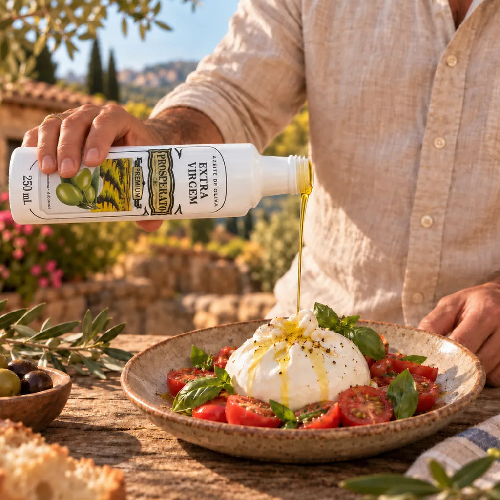 Mão regando um prato de burrata com tomates e manjericão usando o Azeite Extra Virgem Prosperato Premium 250 mL, numa mesa ao ar livre com paisagem de oliveiras ao fundo.