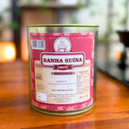 Lata de Banha Suína Xavante 800g vista de costas mostrando rótulo com ingredientes (gordura suína em rama e sal) e informações nutricionais.