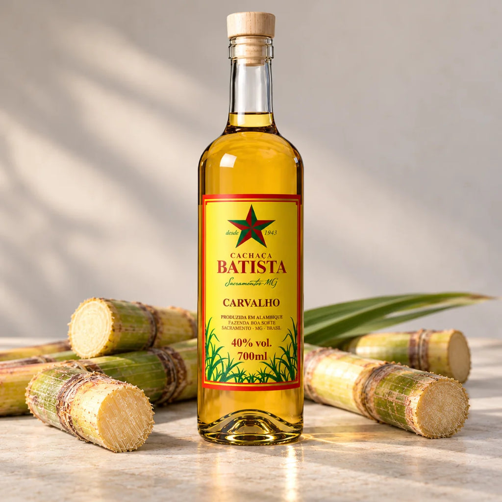 Garrafa de cachaça amarela entre pedaços de cana-de-açúcar cortada