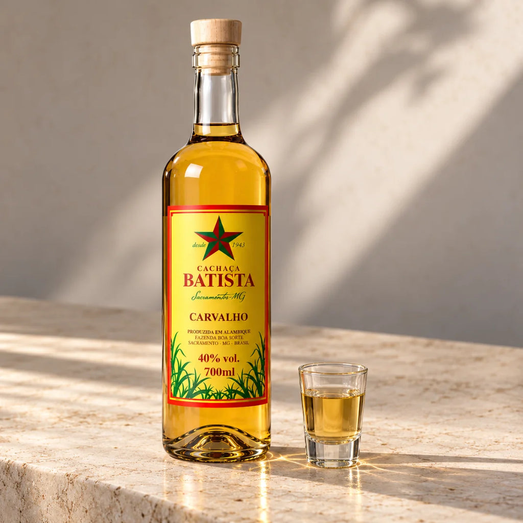 Cachaça ouro ao lado de um copinho servido, sobre bancada de pedra ao sol