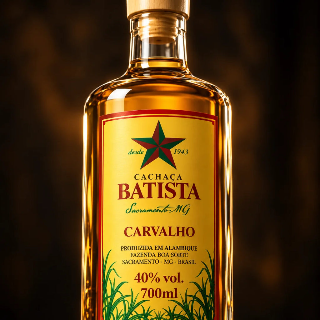 Detalhe do rótulo da cachaça carvalho da Batista: produzida em alambique, Fazenda Boa Sorte, 40% vol, 700ml