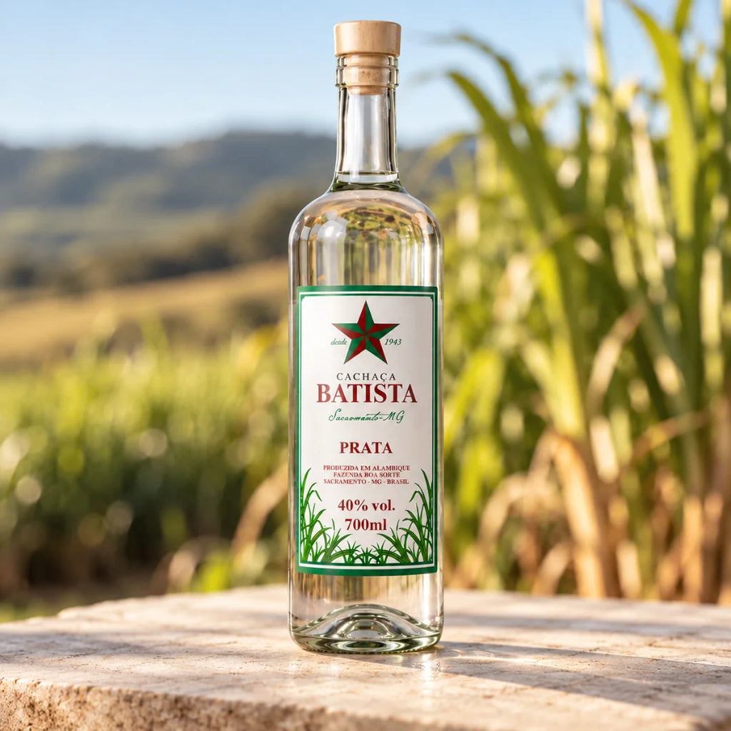 Garrafa de cachaça prata sobre pedra, com canavial e morros ao fundo