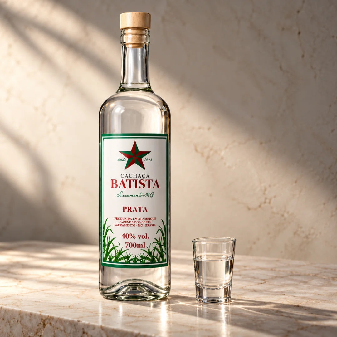 Garrafa de cachaça branca ao lado de um copinho servido, sobre bancada de mármore ao sol