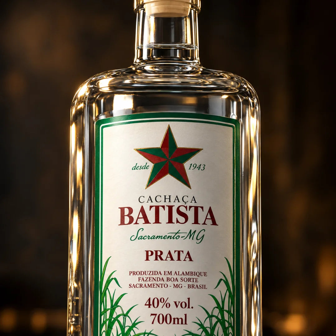 Detalhe do rótulo da cachaça artesanal de Minas Batista Prata: produzida em alambique, Fazenda Boa Sorte, 40% vol, 700ml
