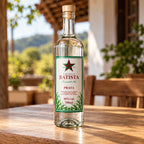 Cachaça mineira Batista Prata sobre mesa de madeira na varanda de uma casa de fazenda