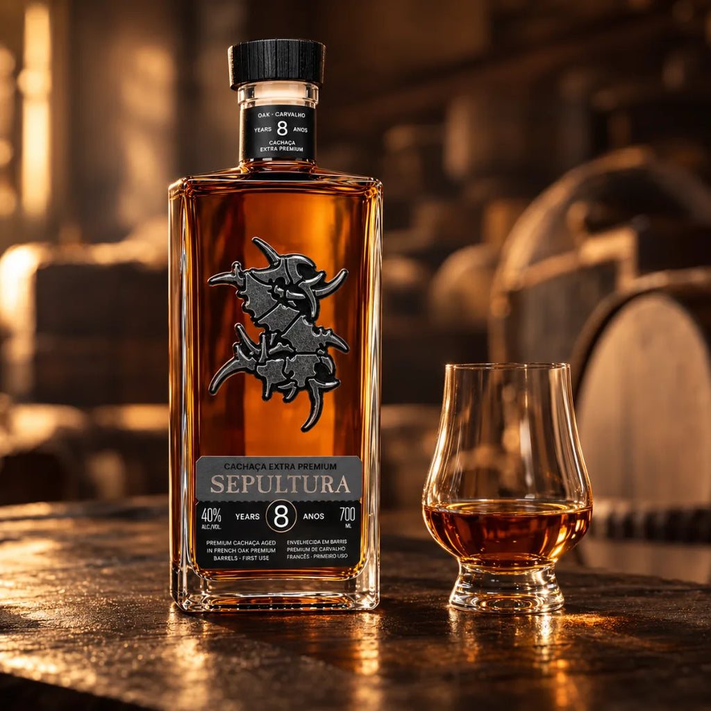 Cachaça extra premium Sepultura ao lado de uma taça com a bebida dourada, com barris ao fundo