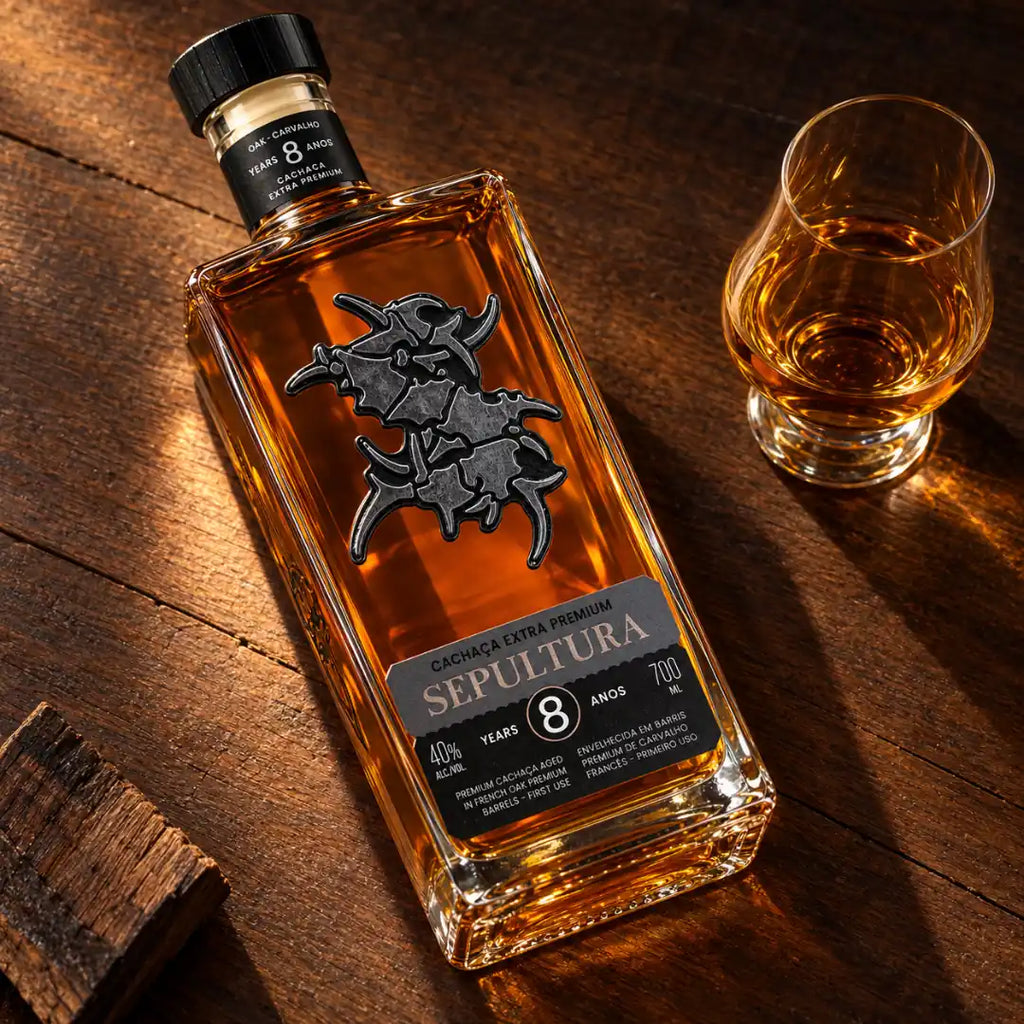 Garrafa da cachaça do Sepultura deitada sobre mesa de madeira, com taça de cachaça premium ao lado