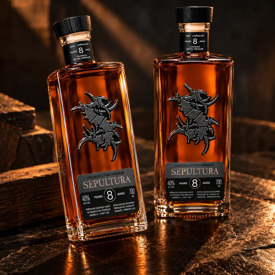 Duas garrafas de cachaça mineira Sepultura 8 anos sobre pedra, com madeira ao fundo