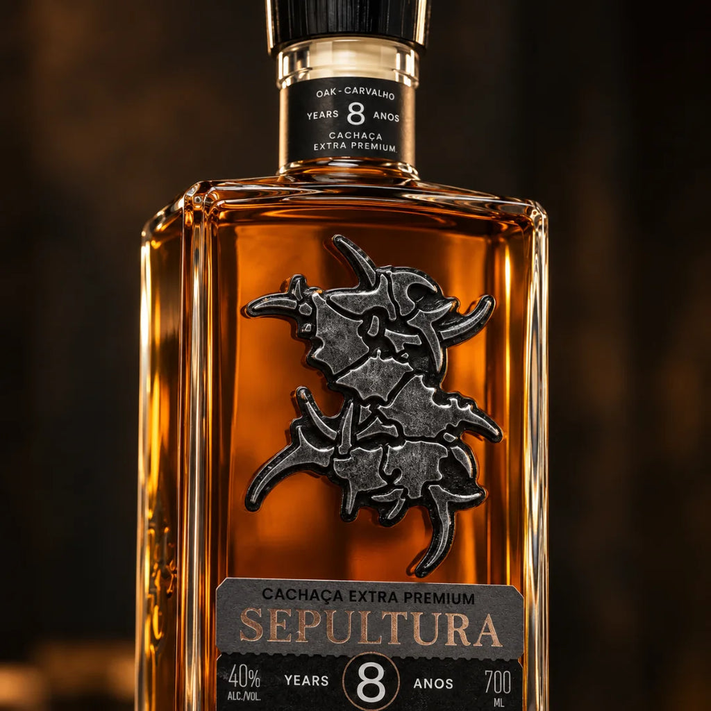 Detalhe do emblema em metal e do rótulo da cachaça Batista Sepultura: 40% vol, 8 anos, 700ml