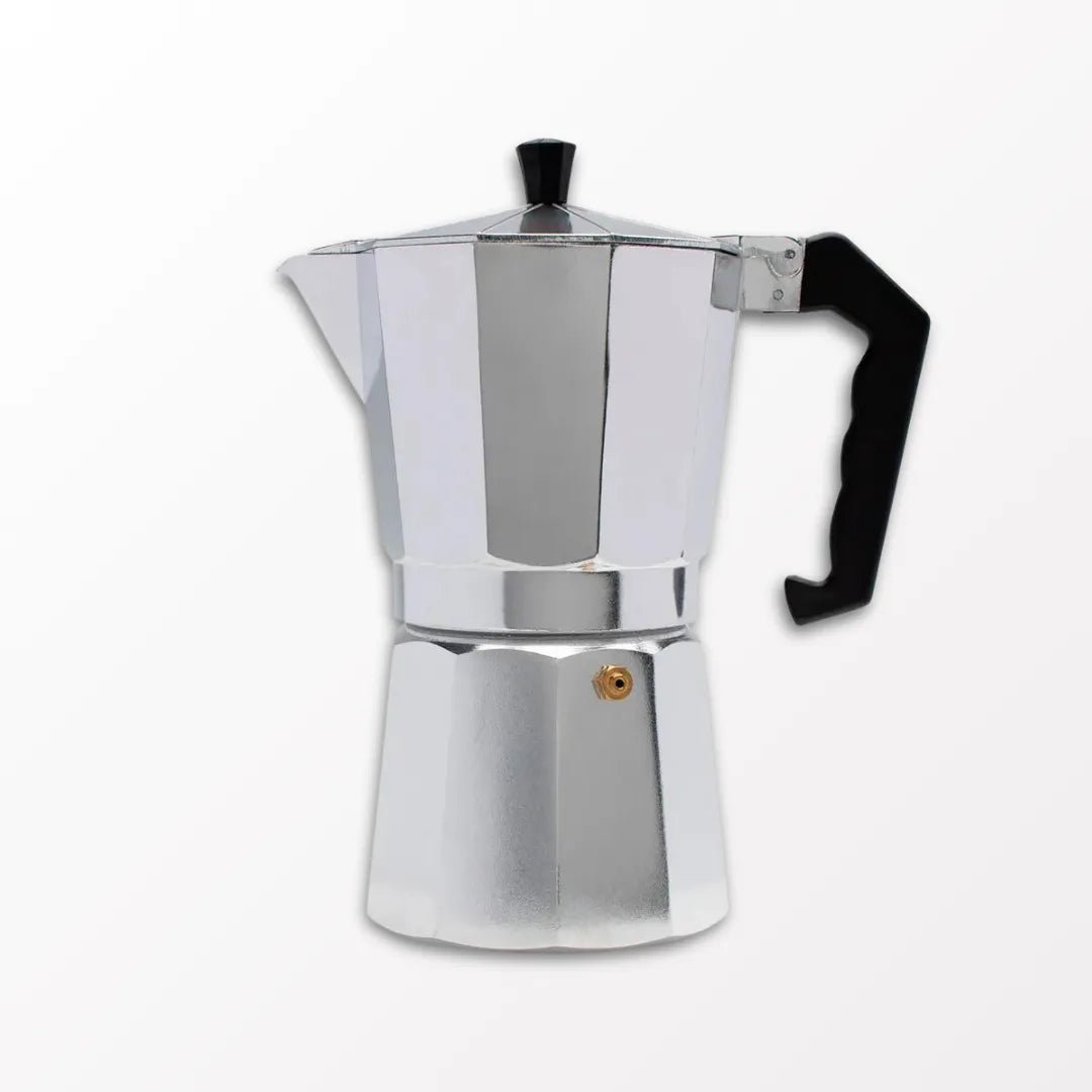 Vista lateral da Cafeteira italiana de 450 mililitros de alça preta da mimo style em fundo branco