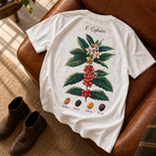 Camiseta branca com a estampa botânica "O Cafeeiro" nas costas, mostrando o pé de café com flores e frutos vermelhos e os grãos Arábica, Robusta, Libérica e Excelsa, apoiada num sofá de couro caramelo ao lado de botas.
