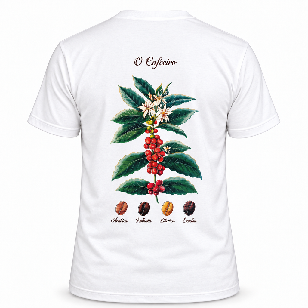 Camiseta branca vista de costas sobre fundo branco, com a estampa botânica "O Cafeeiro" do pé de café com flores e frutos vermelhos e os grãos Arábica, Robusta, Libérica e Excelsa.