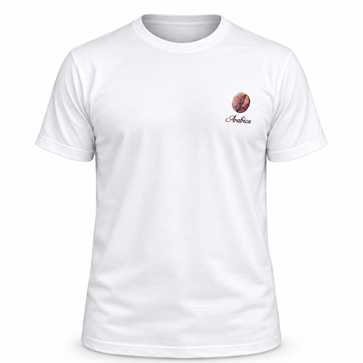 Camiseta branca vista de frente sobre fundo branco, com a estampa pequena de um grão de café e a palavra "Arábica" no lado esquerdo do peito.