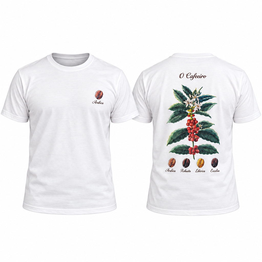 Camiseta branca mostrada de frente e de costas sobre fundo branco, com o grão "Arábica" estampado no peito e a estampa botânica "O Cafeeiro" nas costas com os quatro tipos de grão.