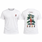 Camiseta branca mostrada de frente e de costas sobre fundo branco, com o grão "Arábica" estampado no peito e a estampa botânica "O Cafeeiro" nas costas com os quatro tipos de grão.