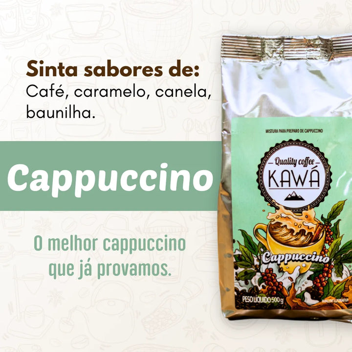 Publicidade do Cappuccino Kawá da Fazenda Jotacê destacando sabores de café, caramelo, canela e baunilha