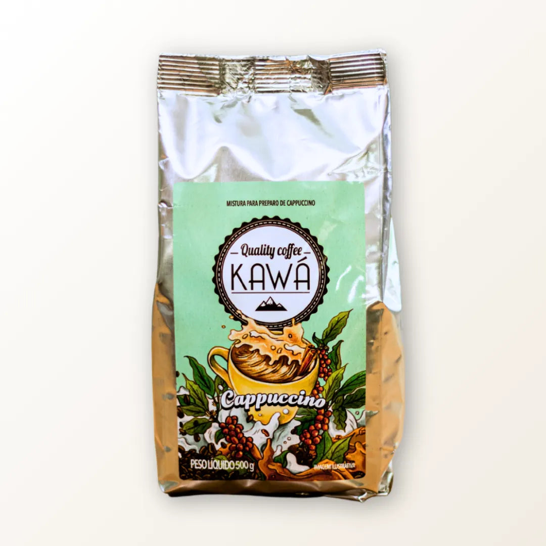 Pacote de 500g do Cappuccino Kawá da Fazenda Jotacê, embalagem ilustrada em fundo branco.