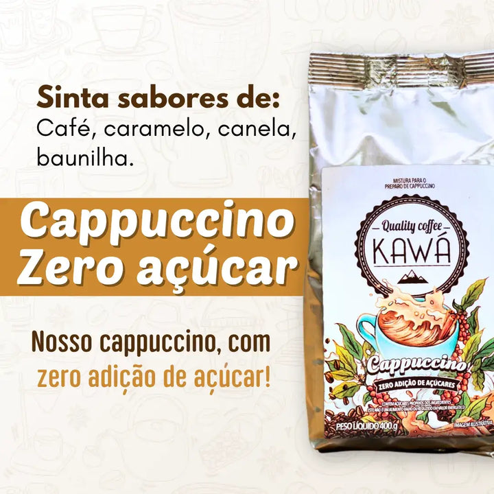 mbalagem do Cappuccino Kawá Zero Açúcar com destaque para os sabores: café, caramelo, canela e baunilha. Texto promocional indica que o produto não tem adição de açúcar.