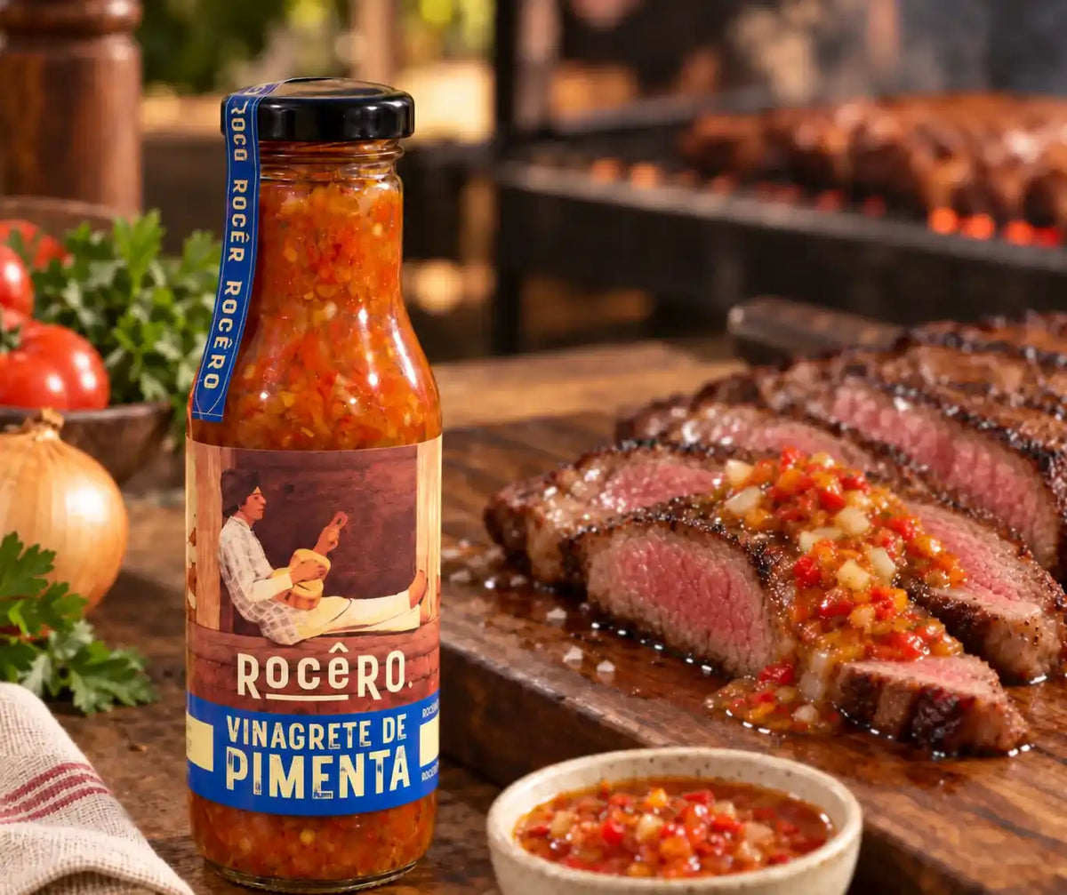 Garrafa de Vinagrete de Pimenta Rocêro 330 g na tábua ao lado de carne grelhada fatiada regada com o vinagrete, com cebola, tomates e a grelha do churrasco ao fundo.