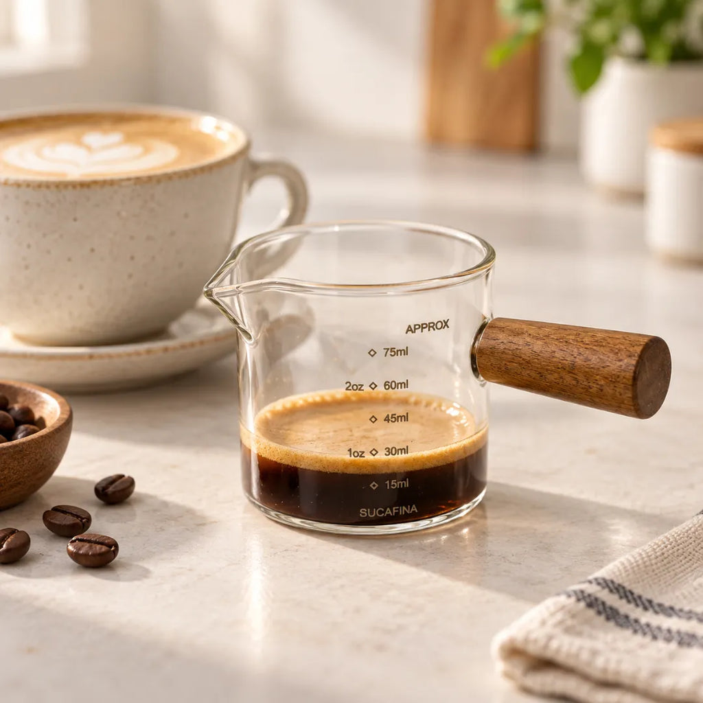 Copo medidor de espresso com uma dose de café sobre bancada clara, ao lado de uma xícara de cappuccino com latte art e uma tigelinha de grãos de café.