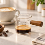 Copo medidor de espresso com uma dose de café sobre bancada clara, ao lado de uma xícara de cappuccino com latte art e uma tigelinha de grãos de café.