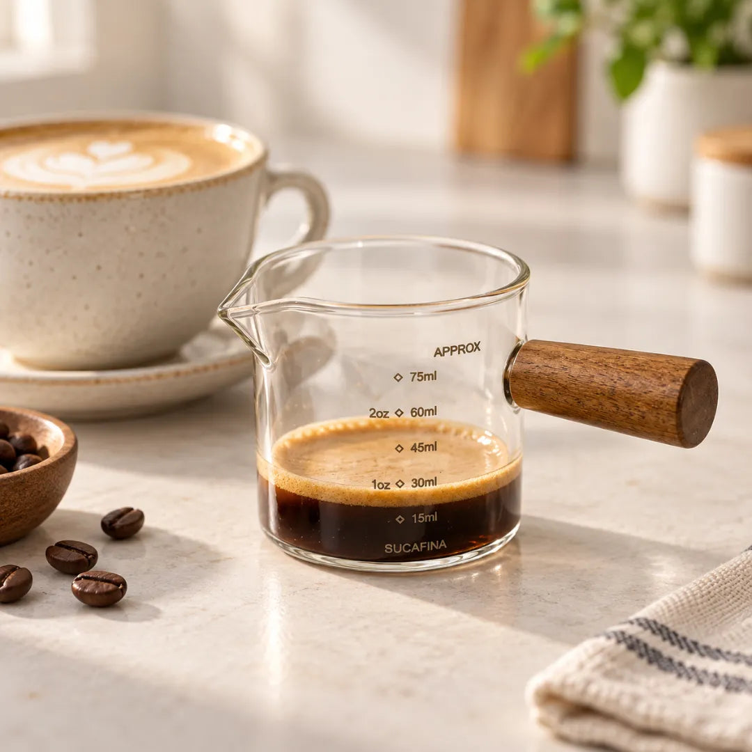 Copo medidor de espresso com uma dose de café sobre bancada clara, ao lado de uma xícara de cappuccino com latte art e uma tigelinha de grãos de café.
