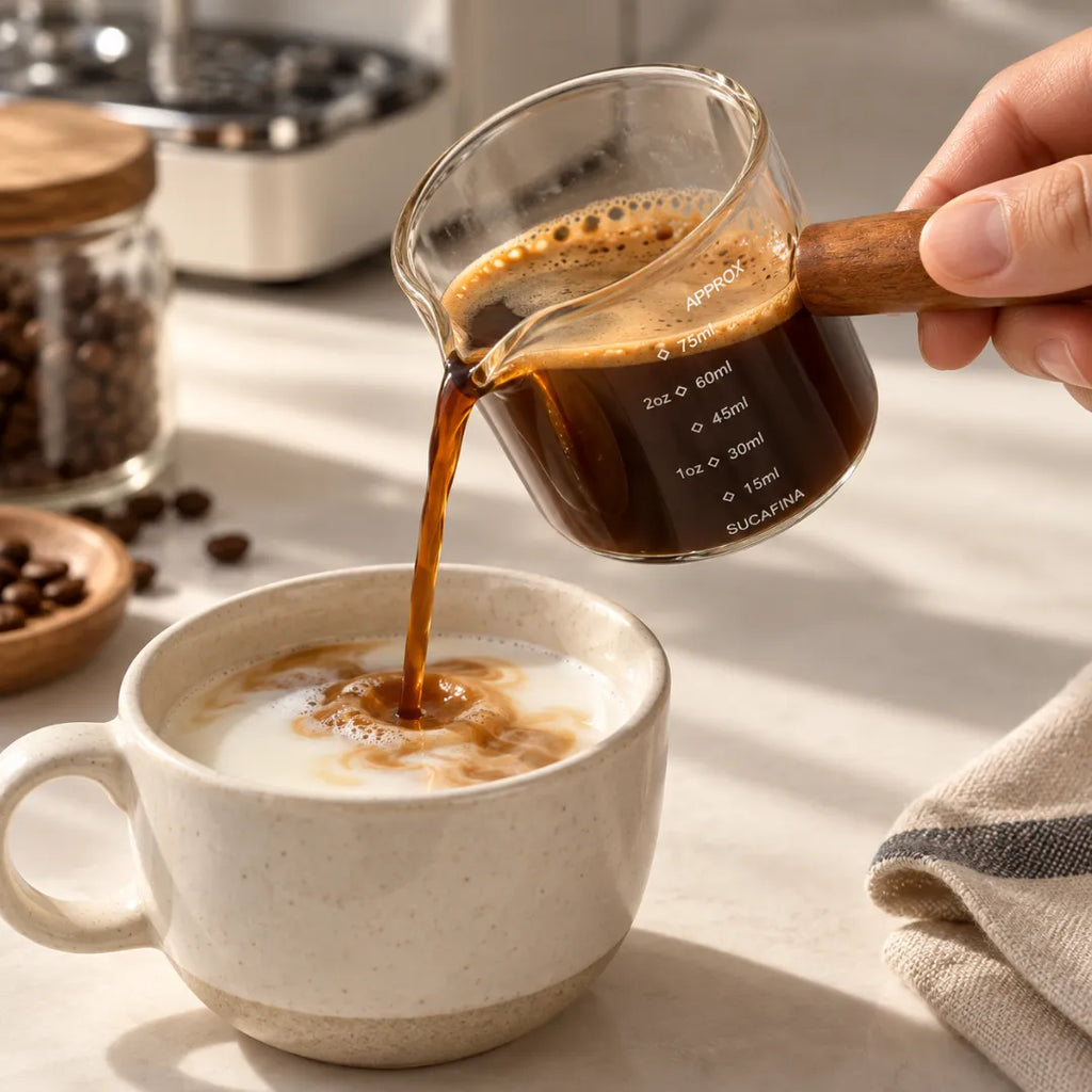 Mão despejando o espresso do copo medidor numa xícara de cerâmica com leite, formando o desenho na bebida, com pote de grãos e máquina de café ao fundo.