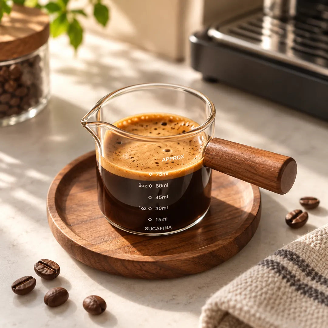 Copo medidor cheio de espresso com crema sobre um pratinho de madeira, com grãos de café espalhados e uma máquina de espresso ao fundo na luz da manhã.