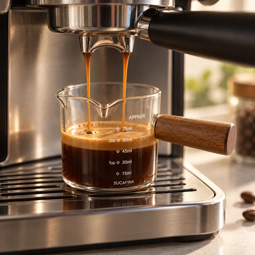 Copo medidor de espresso recebendo a extração de café direto do portafiltro de uma máquina de espresso inox, com o líquido chegando na marca de 30 mL.