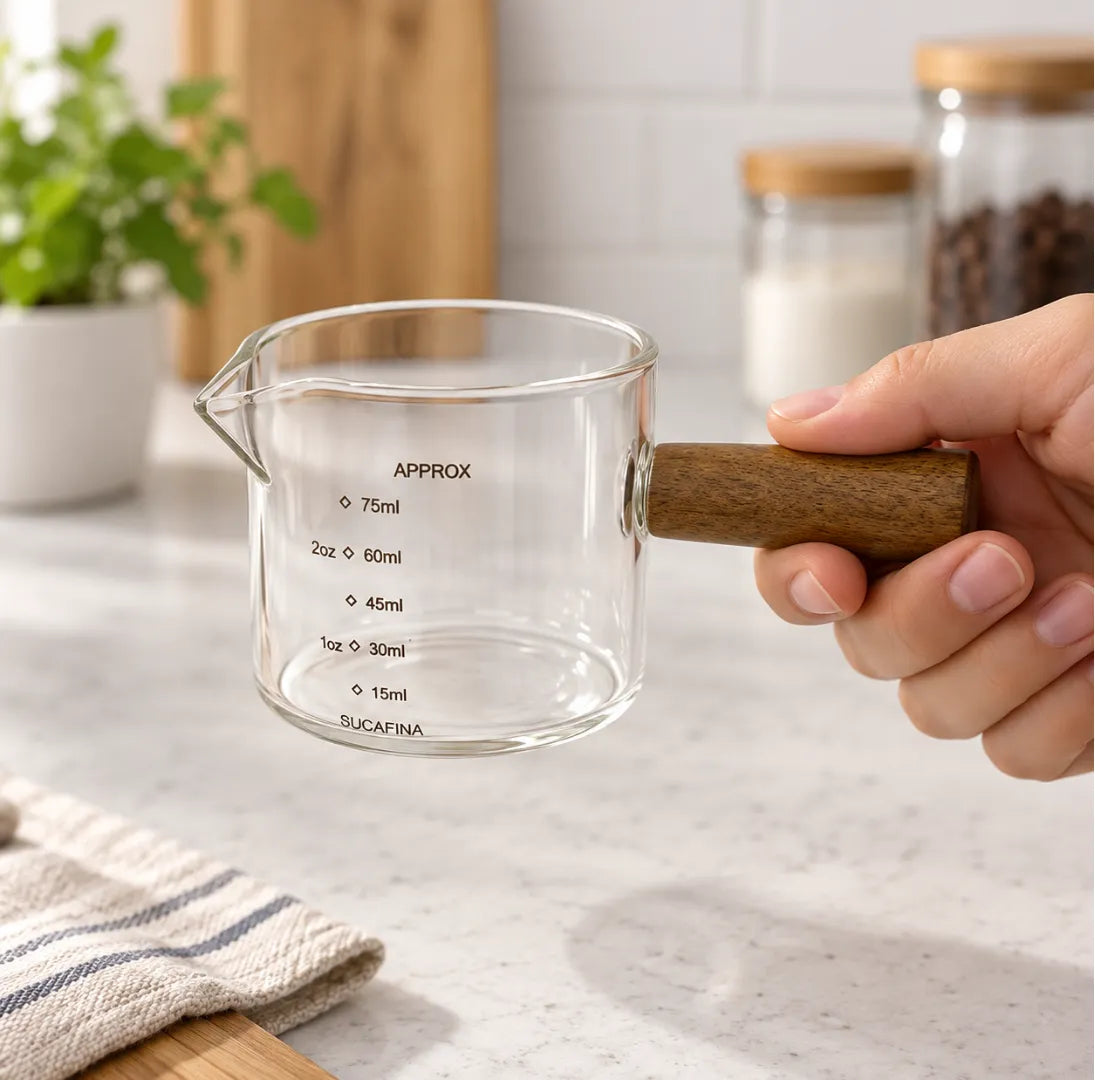 Mão segurando o copo medidor de espresso pelo cabo de madeira sobre bancada de mármore claro, com as marcações de mililitros à mostra e potes de mantimentos ao fundo.