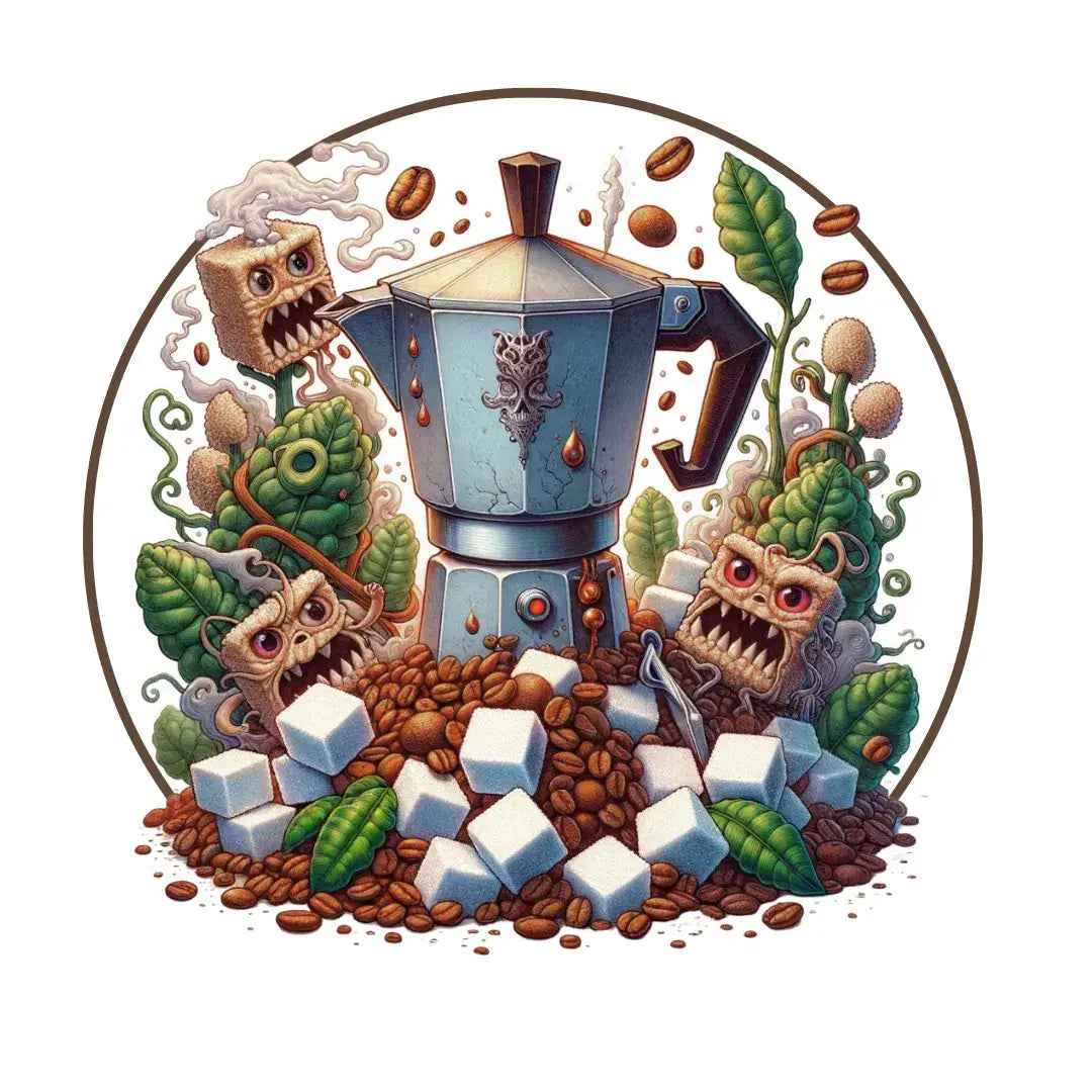 cafeteira italiana cercado por grãos de café, cubos de açúcar e personagens malvados em estilo ilustrativo.