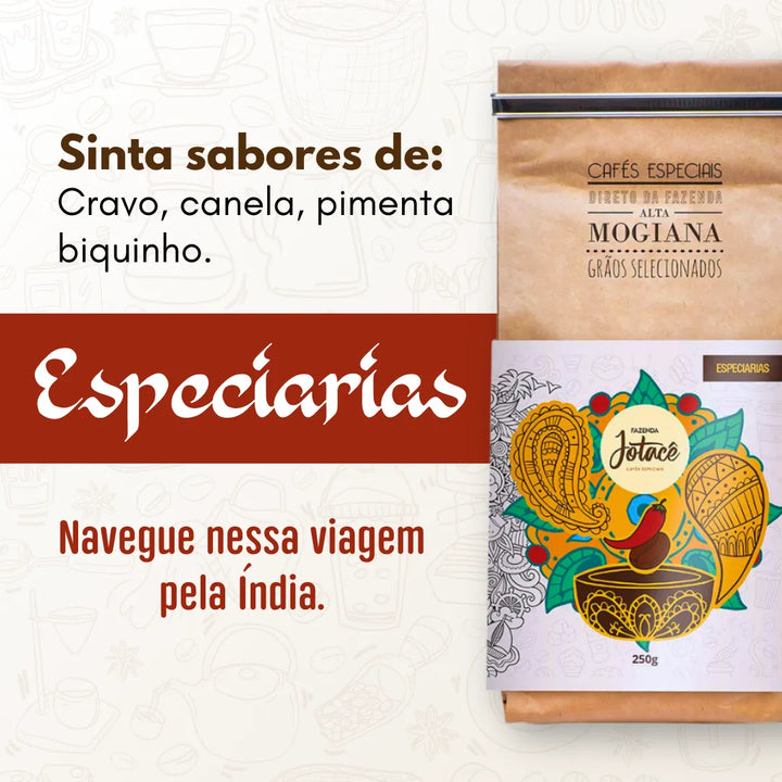 Publicidade do Café Especial Especiarias da Fazenda Jotacê destacando seus sabores de cravo, canela e pimenta biquinho.