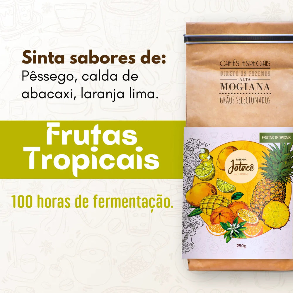 Publicidade do Café Frutas Tropicais da Fazenda Jotacê destacando sabores de pêssego, calda de abacaxi e laranja lima.