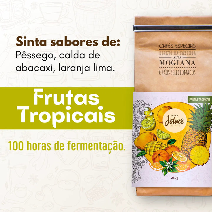 Publicidade do Frutas Tropicais destacando seus sabores de pêssego, calda de abacaxi e laranja lima