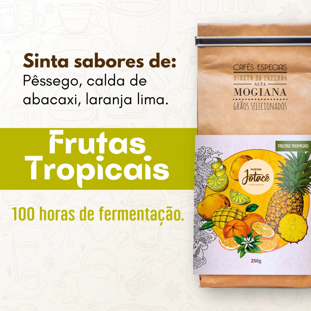 Publicidade do Café Frutas Tropicais destacando sabores de pêssego, calda de abacaxi e laranja lima