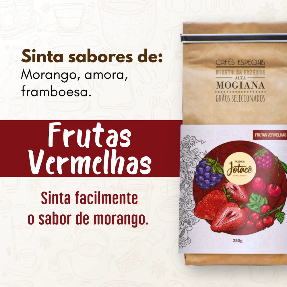 Publicidade do Café Especial Frutas Vermelhas da Fazenda Jotacê destacando seus sabores de Morango, amora e framboesa