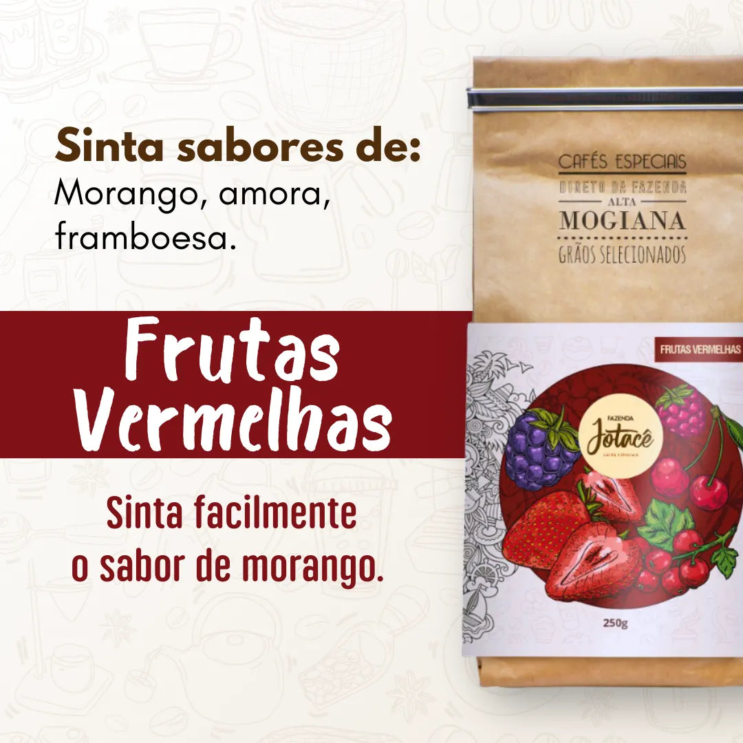 Publicidade do Café Frutas Vermelhas destacando sabores de Morango, amora e framboesa