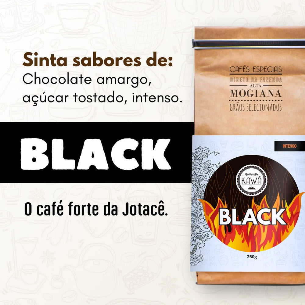 Publicidade do Café Forte Kawá Black da Fazenda Jotacê destacando seus sabores de Chocolate amargo e açúcar tostado