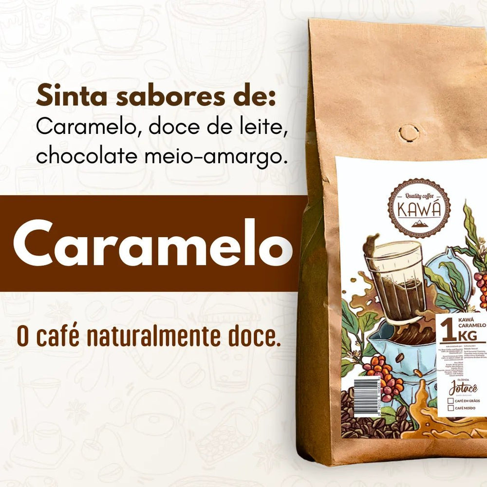 Publicidade do Café naturalmente doce Kawá Caramelo de 1Kg destacando sabores de Caramelo, doce de leite e chocolate meio-amargo