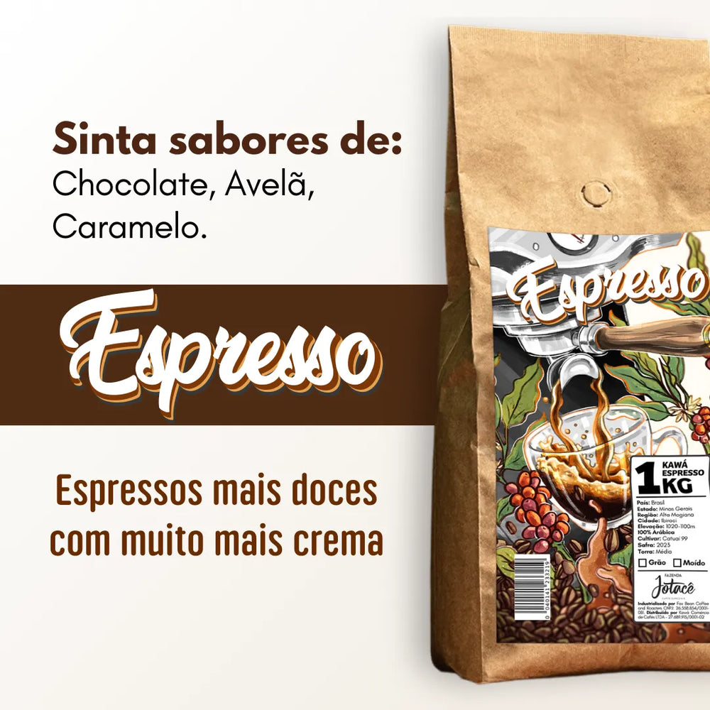 Embalagem de Kawá Espresso destacando sabores de chocolate, avelã, caramelo.