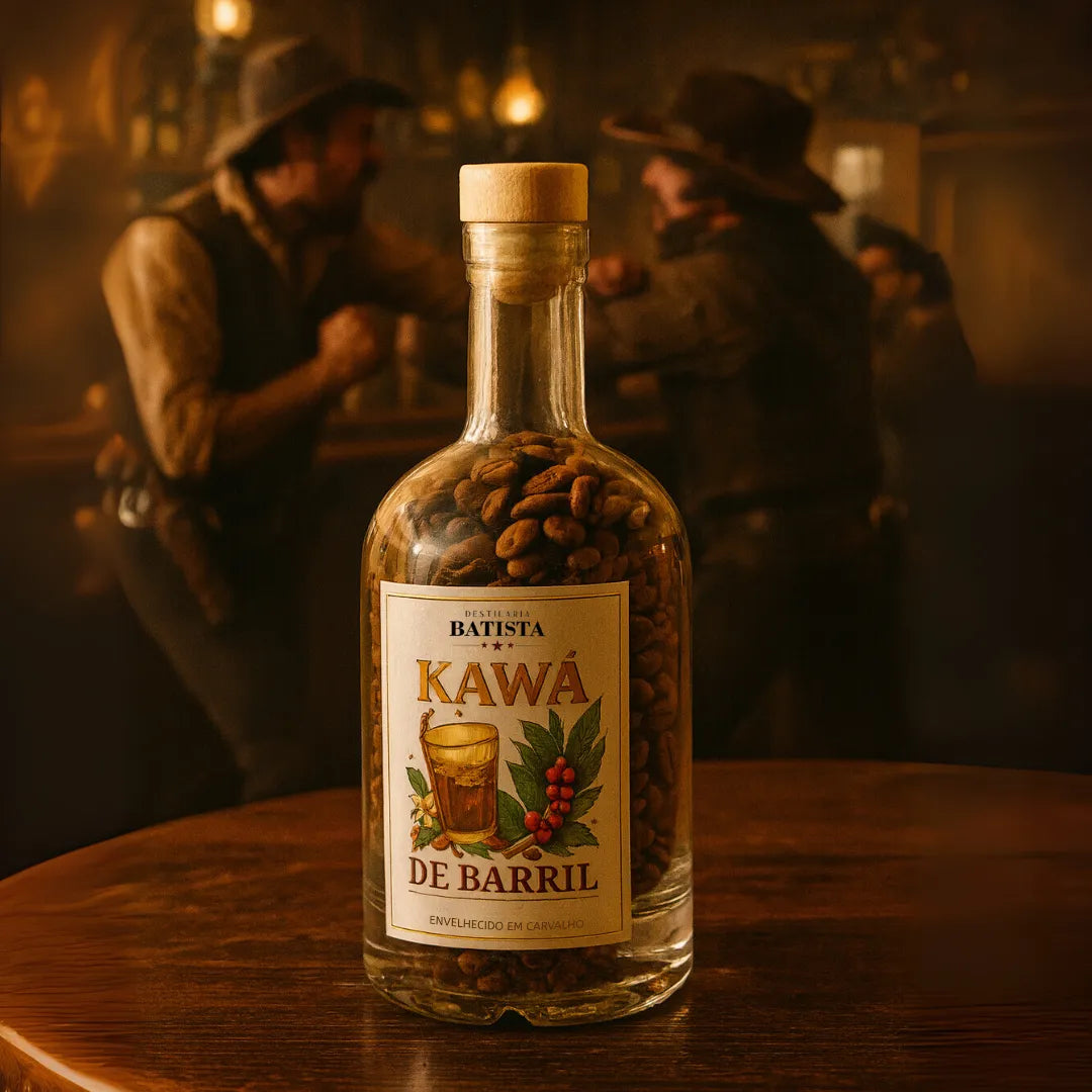 Garrafa de Kawá de Barril no centro da cena, com cowboys brigando em um saloon ao fundo, evocando intensidade e ousadia.