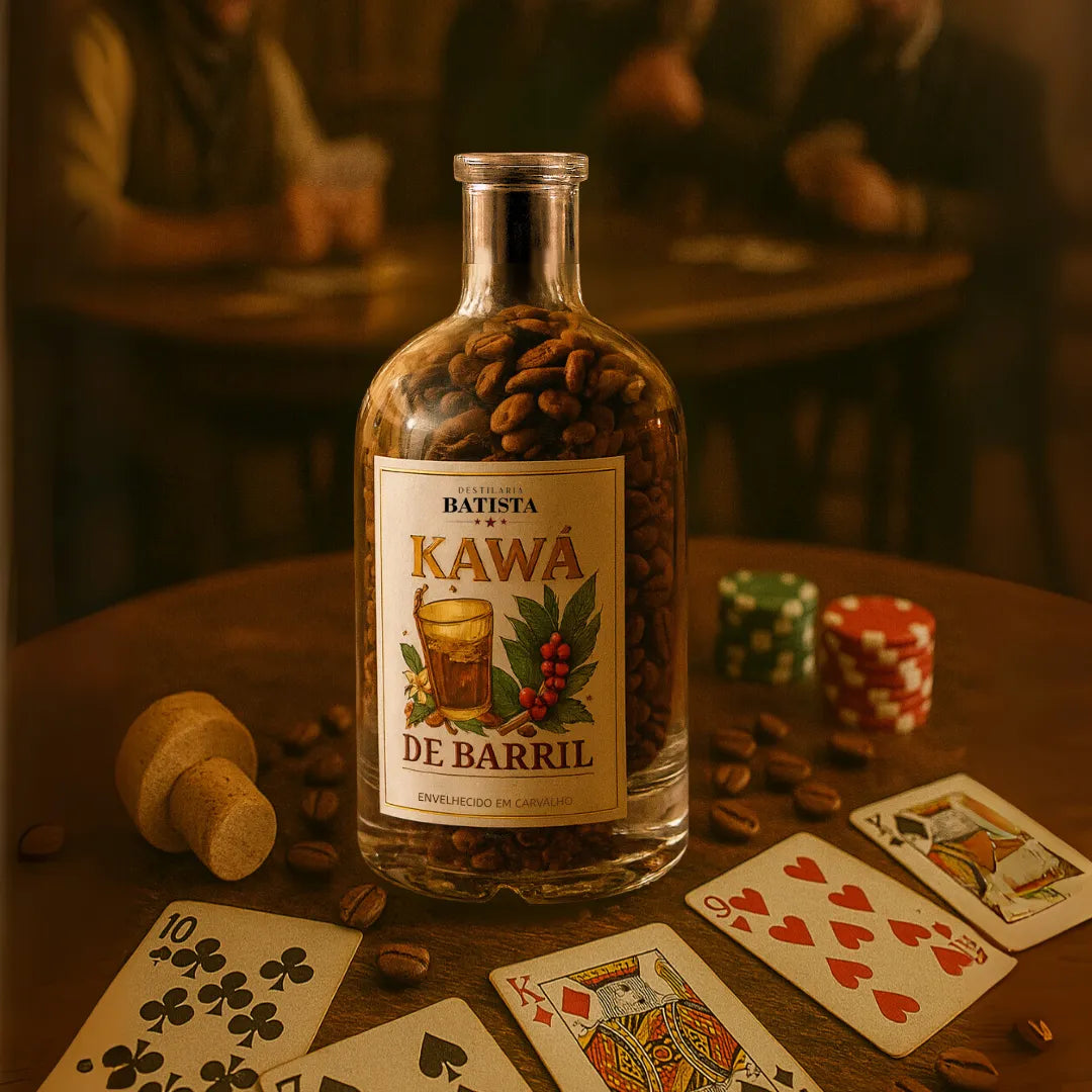 Garrafa de Kawá de Barril sobre mesa de pôquer, cercada por cartas, fichas e grãos de café, remetendo ao clima de saloon do velho oeste.