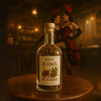 Garrafa de Kawá de Barril em destaque, com dançarinas burlescas ao fundo em um saloon iluminado, atmosfera clássica do faroeste