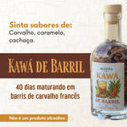 Arte promocional do Kawá de Barril destacando sabores de carvalho, caramelo e cachaça, e 40 dias de maturação em barris de carvalho francês.