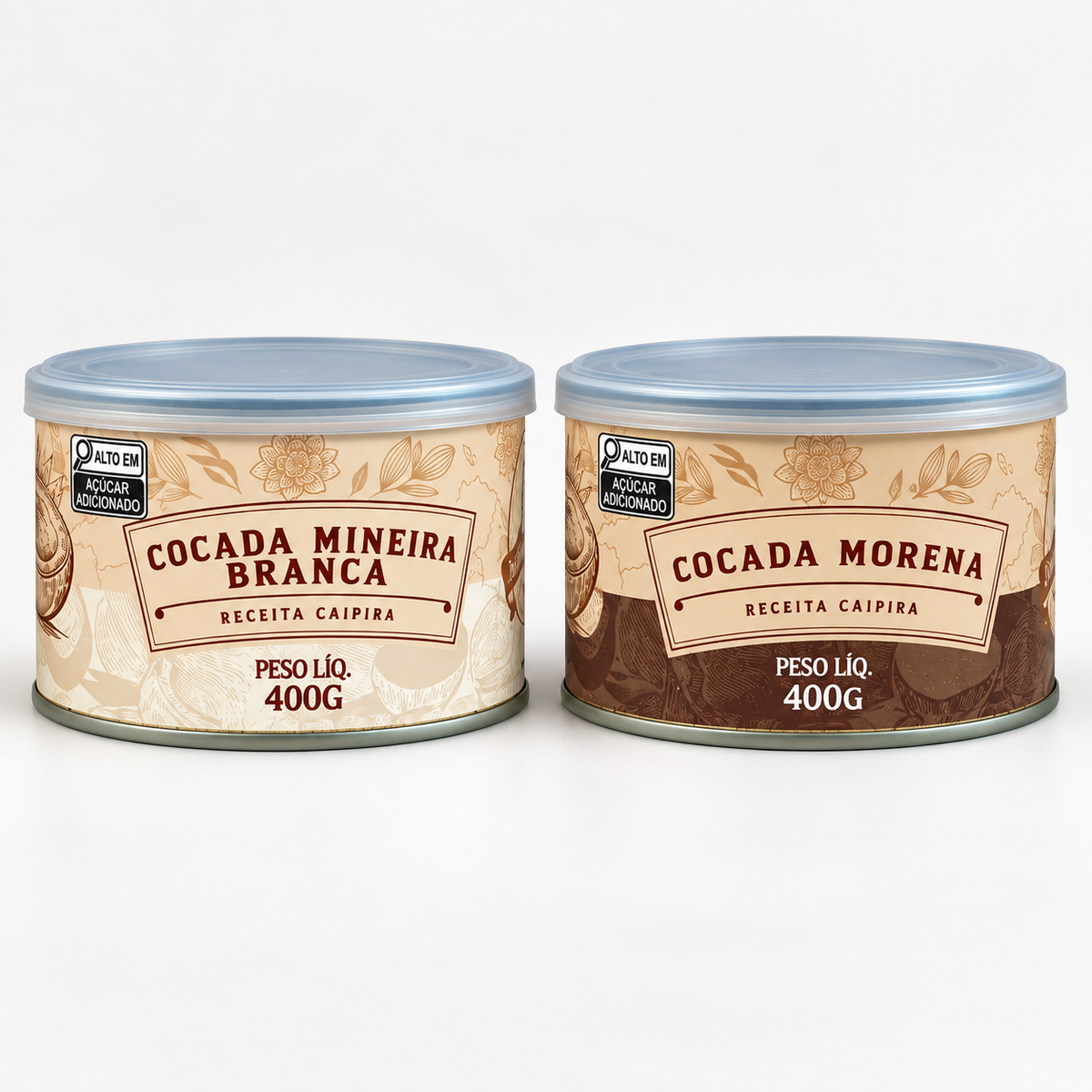 Kit com 2 latas de cocada caipira 400g: cocada mineira branca e cocada morena