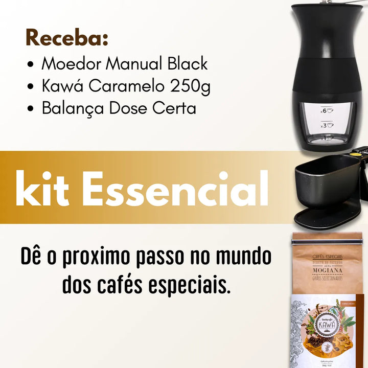 Anúncio do Kit Essencial de café, incluindo moedor manual, Café Kawá Caramelo e balança de dose.