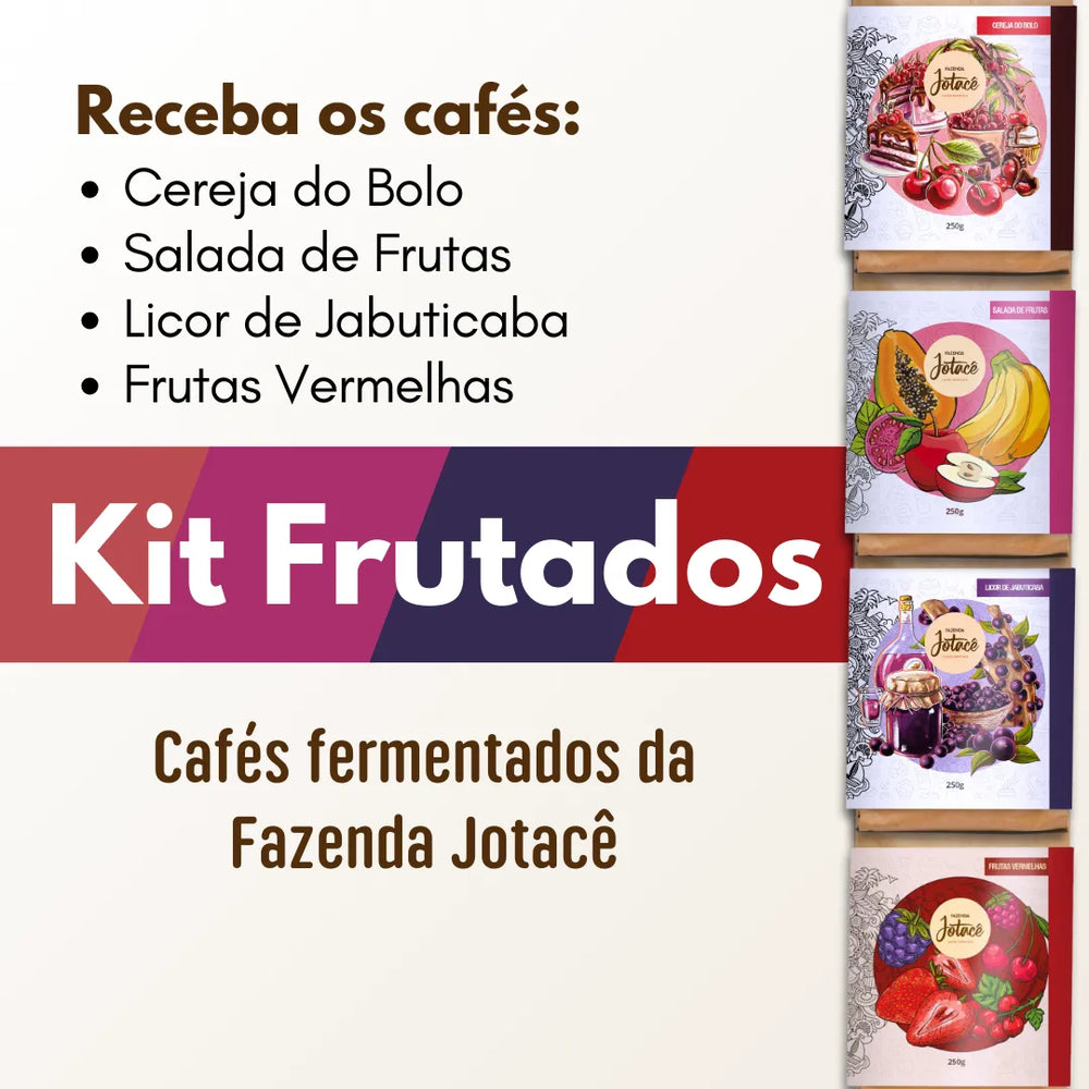 Publicidade do Kit Frutados com uma seleção de cafés fermentados da Fazenda Jotacê: Cereja do Bolo, Salada de Frutas, Licor de Jabuticaba e Frutas Vermelhas