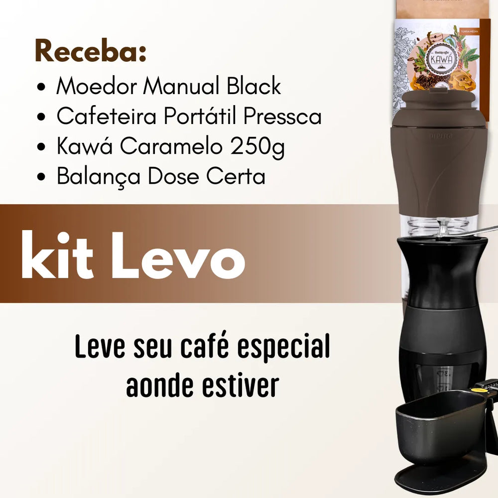 Publicidade do Kit Levo para café com moedor manual, cafeteira portátil, café Kawá Caramelo e balança.