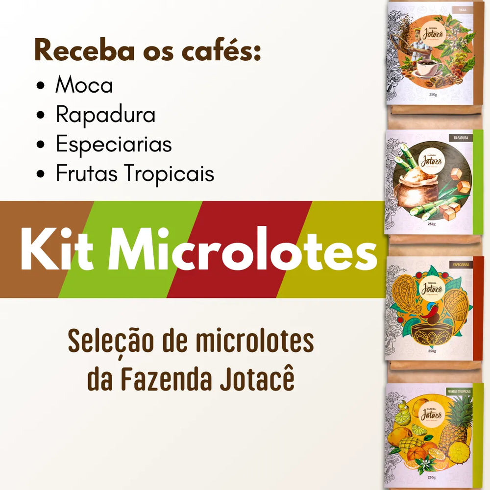 Publicidade do Kit Microlotes com uma seleção de cafés exóticos da Fazenda Jotacê: Moca, Rapadura, Especiarias e Frutas Tropicais.